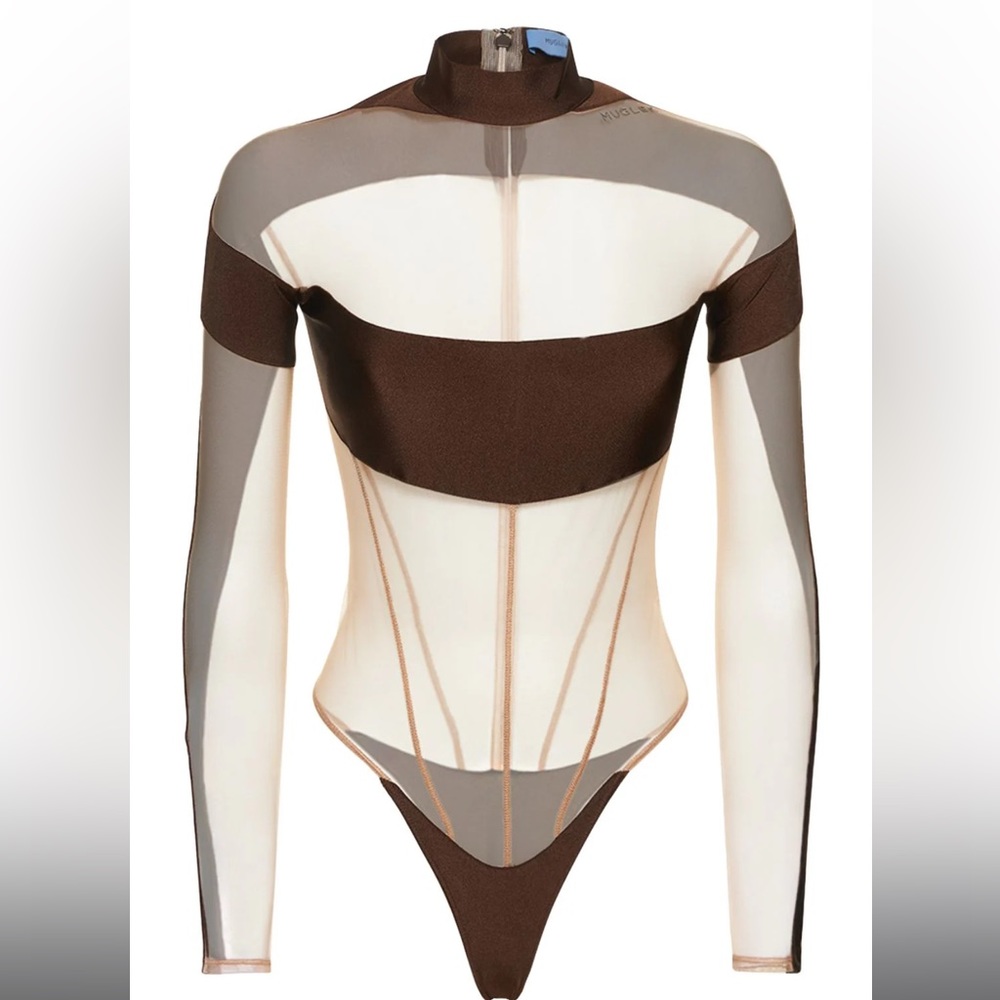 Mugler Sheer tulle & jersey bodysuit brown